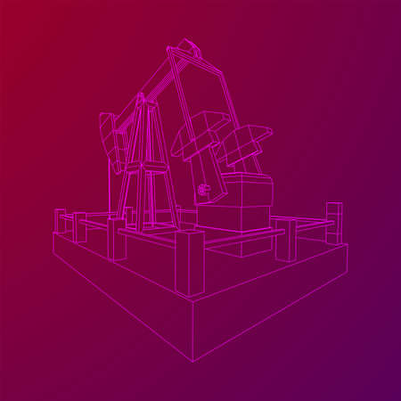 Oil well rig jack. Finance economy polygonal petrol production. Petroleum fuel industry pumpjack derricks pumping drilling. Wireframe low poly mesh vector illustrationのイラスト素材