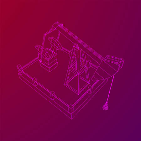 Oil well rig jack. Finance economy polygonal petrol production. Petroleum fuel industry pumpjack derricks pumping drilling. Wireframe low poly mesh vector illustrationのイラスト素材