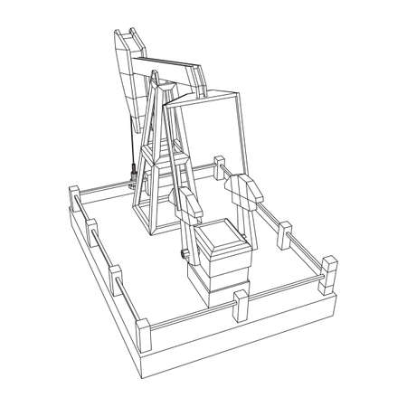 Oil well rig jack. Finance economy polygonal petrol production. Petroleum fuel industry pumpjack derricks pumping drilling. Wireframe low poly mesh vector illustrationのイラスト素材