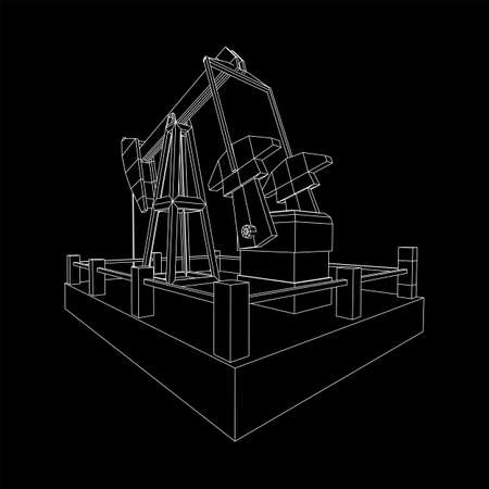 Oil well rig jack. Finance economy polygonal petrol production. Petroleum fuel industry pumpjack derricks pumping drilling. Wireframe low poly mesh vector illustrationのイラスト素材