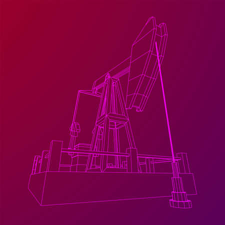 Oil well rig jack. Finance economy polygonal petrol production. Petroleum fuel industry pumpjack derricks pumping drilling. Wireframe low poly mesh vector illustrationのイラスト素材