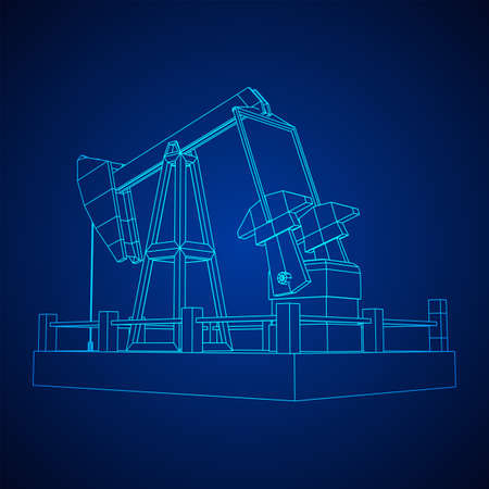 Oil well rig jack. Finance economy polygonal petrol production. Petroleum fuel industry pumpjack derricks pumping drilling. Wireframe low poly mesh vector illustrationのイラスト素材