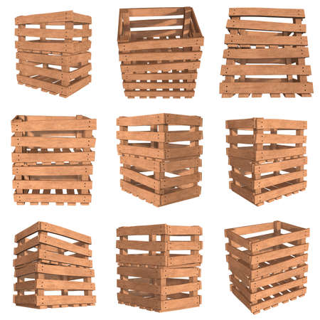 Wooden box for transportation and storage of products. Empty crate for fruits and vegetables. 3d render set isolated on white background.の写真素材