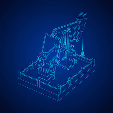 Oil well rig jack. Finance economy polygonal petrol production. Petroleum fuel industry pumpjack derricks pumping drilling. Wireframe low poly mesh vector illustrationのイラスト素材