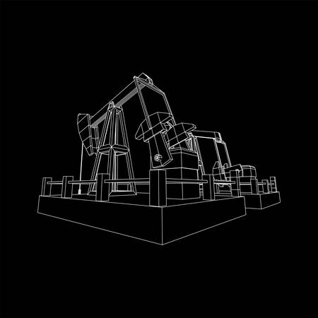 Oil well rig jack. Finance economy polygonal petrol production. Petroleum fuel industry pumpjack derricks pumping drilling. Wireframe low poly mesh vector illustrationのイラスト素材