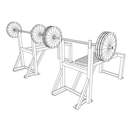 Barbell with weights. Gym equipment. Bodybuilding, powerlifting, fitness concept. Wireframe low poly mesh vector illustration.のイラスト素材