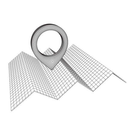Geo map pin with folding map. Place symbol GPS pictogram. Wireframe low poly mesh vector illustrationのイラスト素材