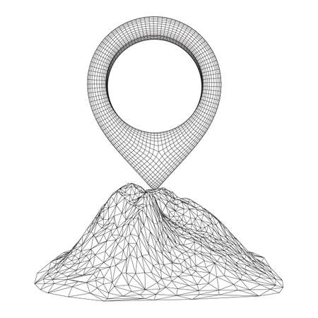 Geo map pin on mountain peak top. Place symbol GPS pictogram. Wireframe low poly mesh vector illustrationのイラスト素材