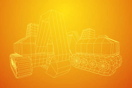 Excavator heavy equipment construction company. Wireframe low poly mesh vector illustrationのイラスト素材