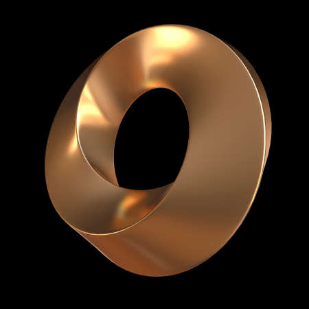 Mobius strip ring sacred geometry. Spatial figure with upturned surfaces. Optical illusion with dual circular contour. 3d render on black backgroundの写真素材