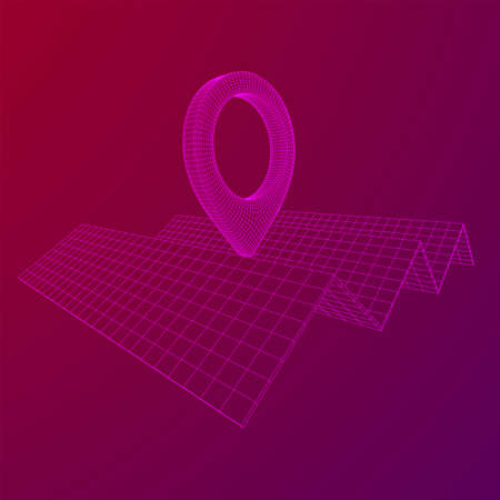 Geo map pin with folding map. Place symbol GPS pictogram. Wireframe low poly mesh vector illustrationの写真素材