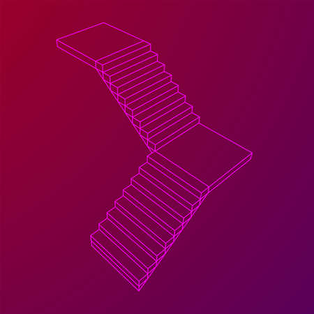 Wireframe stairs, interior staircases steps. Wireframe low poly mesh vector illustration.のイラスト素材