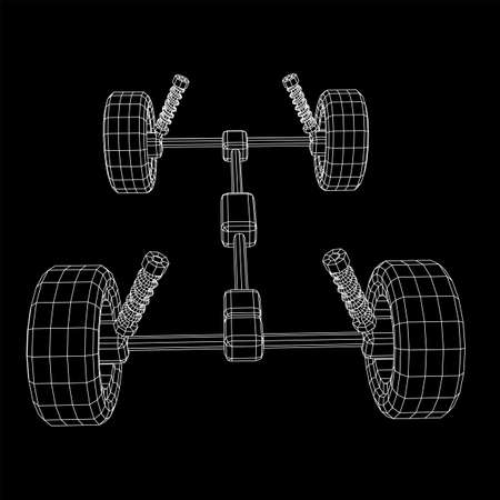 Chassis steering rack. Wireframe low poly mesh vector illustration. Auto service repair car concept.のイラスト素材