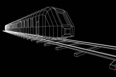 Modern high speed train on straight rails. Railway wireframe low poly mesh vector illustrationのイラスト素材