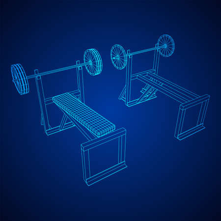 Barbell with weights. Gym equipment. Bodybuilding, powerlifting, fitness concept. Wireframe low poly mesh vector illustration.のイラスト素材