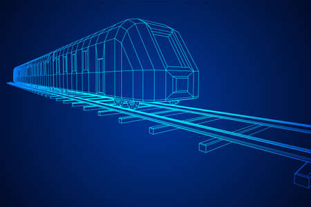 Modern high speed train on straight rails. Railway wireframe low poly mesh vector illustrationのイラスト素材