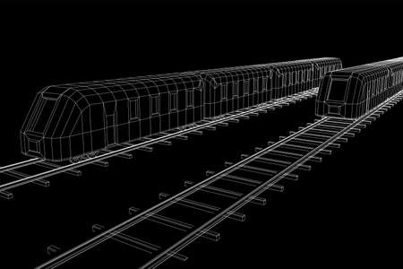 Modern high speed train on straight rails. Railway wireframe low poly mesh vector illustrationのイラスト素材