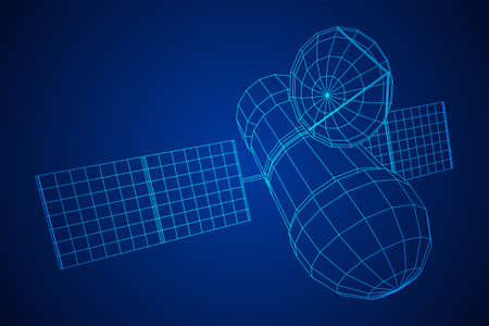Space station communications satellite. Wireframe low poly mesh vector illustration.のイラスト素材