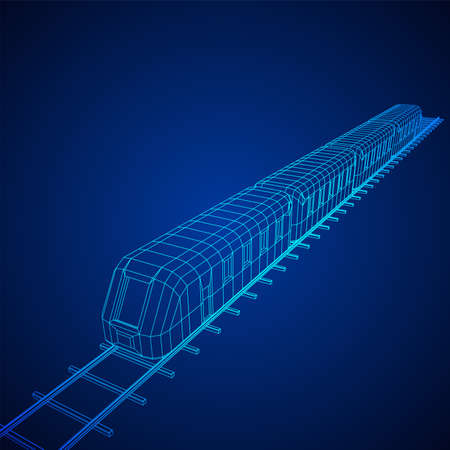 Modern high speed train on straight rails. Railway wireframe low poly mesh vector illustrationのイラスト素材