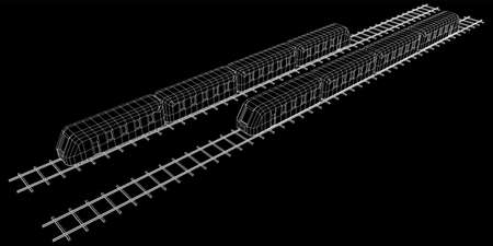 Modern high speed train on straight rails. Railway wireframe low poly mesh vector illustrationのイラスト素材