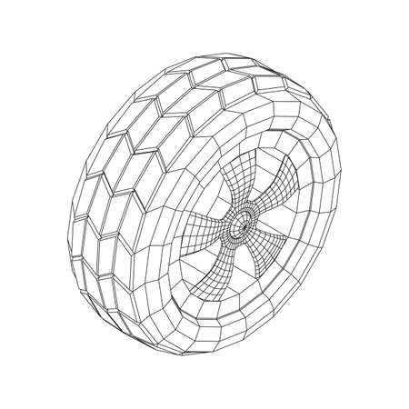 Automobile rubber car wheel tire and rim. Wireframe low poly mesh vector illustration. Auto service repair concept.のイラスト素材