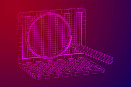 Magnifying glass in front of laptop screen. Business internet surfing, Analysis search concept....