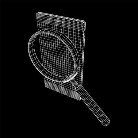 Smartphone mobile touch screen display with magnifying glass. Polygonal geometric design connected...