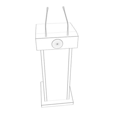 Speaker Podium. White Tribune Rostrum Stand with Microphones. Debate, press conference concept. Wireframe low poly mesh vector illustrationの写真素材