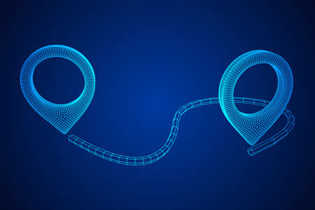 Location Pin Icons For Travel. Two Strait Location Pins Showing A Destination Moving From One Point To Another. Wireframe low poly mesh vector illustrationのイラスト素材