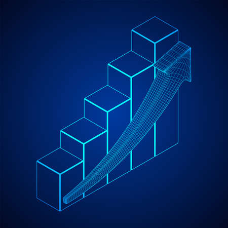 Bar graph with arrow grow, chart, business concept. Wireframe low poly mesh vector illustrationのイラスト素材