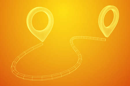 Location Pin Icons For Travel. Two Strait Location Pins Showing A Destination Moving From One Point To Another. Wireframe low poly mesh vector illustrationのイラスト素材