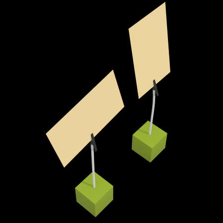 Message holder. Card holder with clip and note on cube base. 3d renderon black background.の写真素材