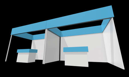 Trade Show Booth Blue and White. Indoor Exhibition with Work Paths. 3d render on black background....