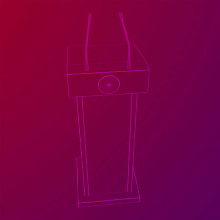 Speaker Podium. White Tribune Rostrum Stand with Microphones. Debate, press conference concept. Wireframe low poly mesh vector illustrationのイラスト素材