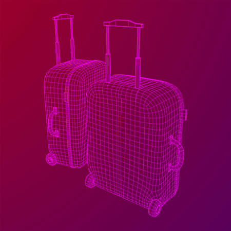 Suitcase tourist travel bag. Vacation luggage travelling trip concept. Wireframe low poly mesh...