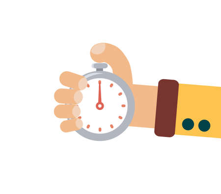 Man hand hold stopwatch. Time management concept vector flat illustration.