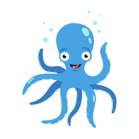 Blue Octopus with air bubbles under water. Vector flat illustration.のイラスト素材