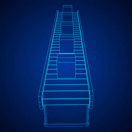 Conveyor belt section with pack boxes. Factory production equipment. Wireframe low poly mesh vector illustrationのイラスト素材