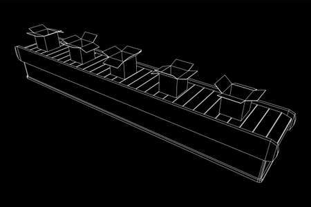 Conveyor belt section with open boxes. Factory production equipment. Wireframe low poly mesh vector illustrationのイラスト素材