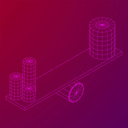 Simple seesaw scales weighing big and small abstract cylinders. Balance, comparison and equality concept. Wireframe low poly mesh vector illustrationのイラスト素材
