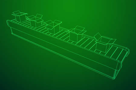 Conveyor belt section with open boxes. Factory production equipment. Wireframe low poly mesh vector illustrationのイラスト素材