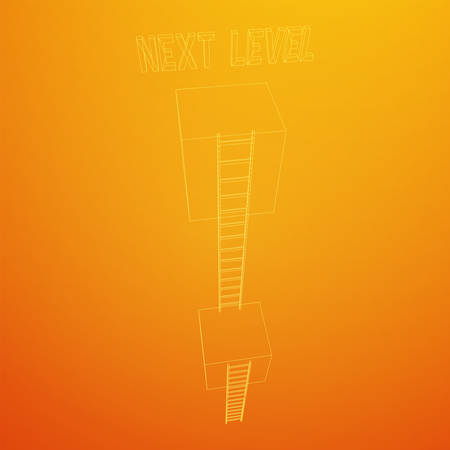 Next level with high giant box wall towards the sky with clouds and tall ladders. Pass challenge to reach the goal concept. Wireframe low poly mesh vector illustration.のイラスト素材
