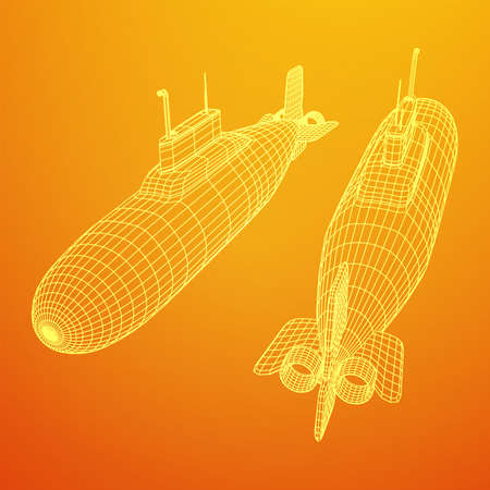 Military atomic submarine underwater boat. Wireframe low poly mesh vector illustration
