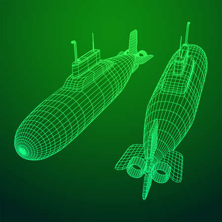 Military atomic submarine underwater boat. Wireframe low poly mesh vector illustrationのイラスト素材