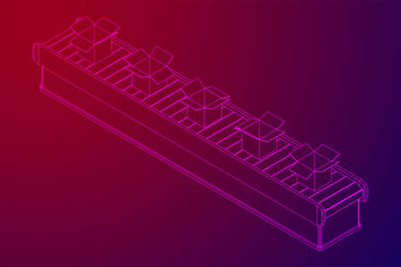 Conveyor belt section with open boxes. Factory production equipment. Wireframe low poly mesh vector illustrationのイラスト素材