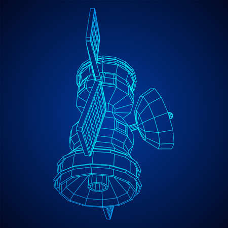 Space station communications satellite. Wireframe low poly mesh vector illustration.のイラスト素材