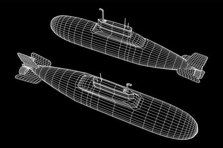 Military atomic submarine underwater boat. Wireframe low poly mesh vector illustrationのイラスト素材