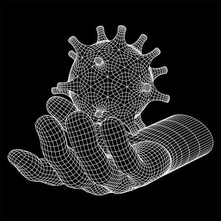 Human Arm Hand with Corona Virus virion of Coronavirus. Connection structure. Vector low poly wireframe mesh illustrationのイラスト素材