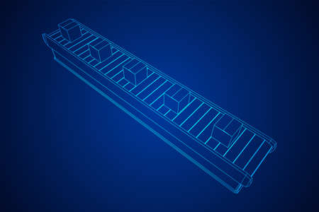 Conveyor belt section with pack boxes. Factory production equipment. Wireframe low poly mesh vector illustrationのイラスト素材