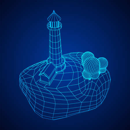 Lighthouse on rock stones island landscape. Navigation Beacon building. Wireframe low poly mesh...